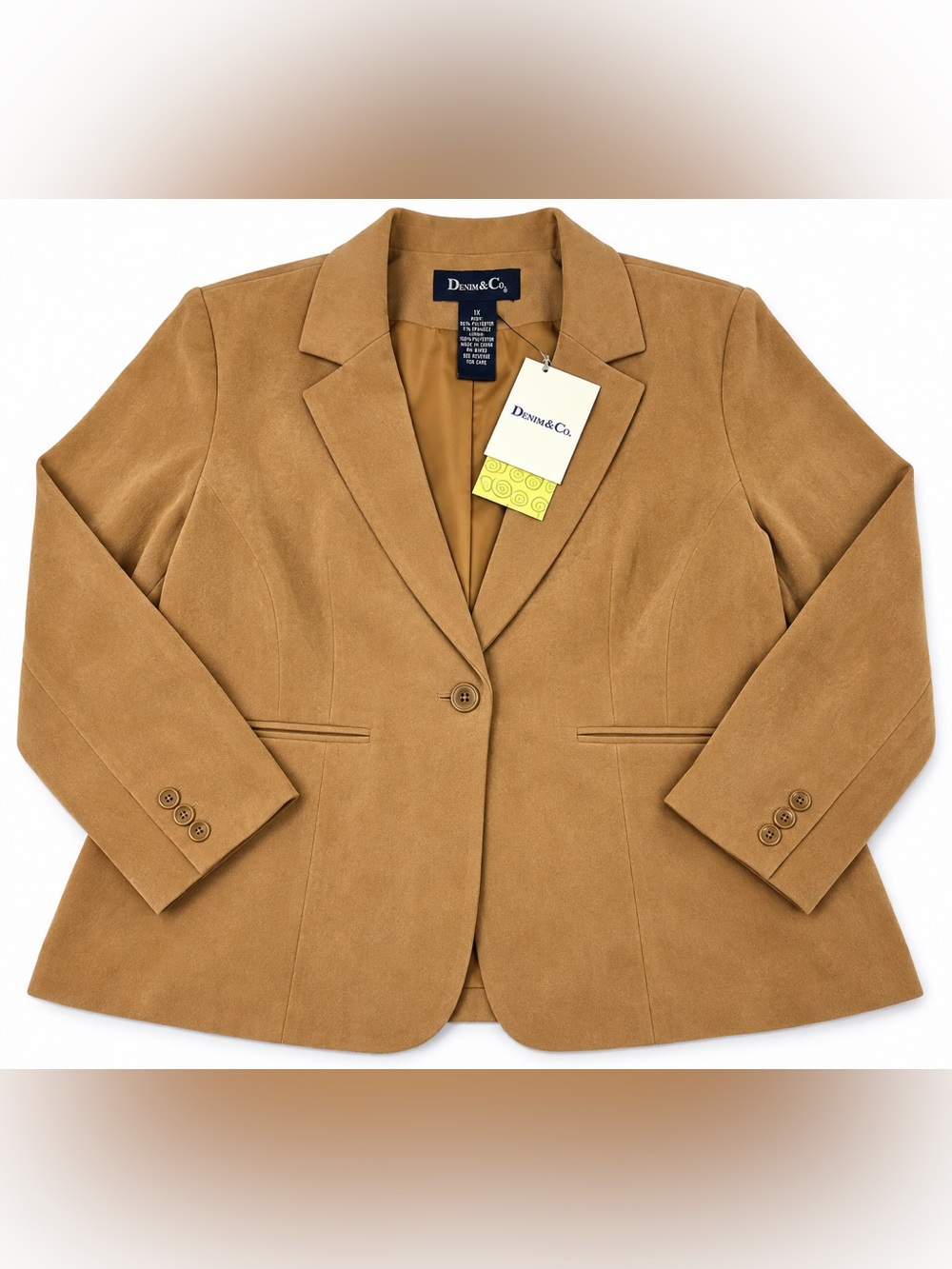 Denim & Co. Women’s 1X Camel Faux Suede Blazer Jacket NWT